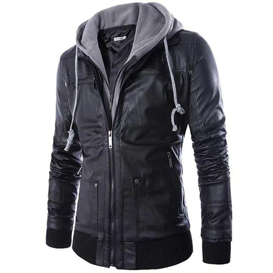 Men's Slim Fit Hooded Motorcycle Leather Jacket - Premium Biker Style